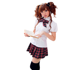 LINGERIECATS White shirt cottish pattern short Skirt 3pcs School Sweet Heart Cosplay Costume Set  (Free Sport Pant Gift)